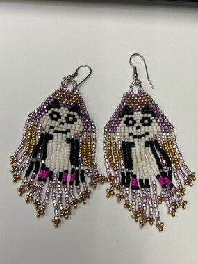 Handmade Beaded Purple Panda Fringe Earrings